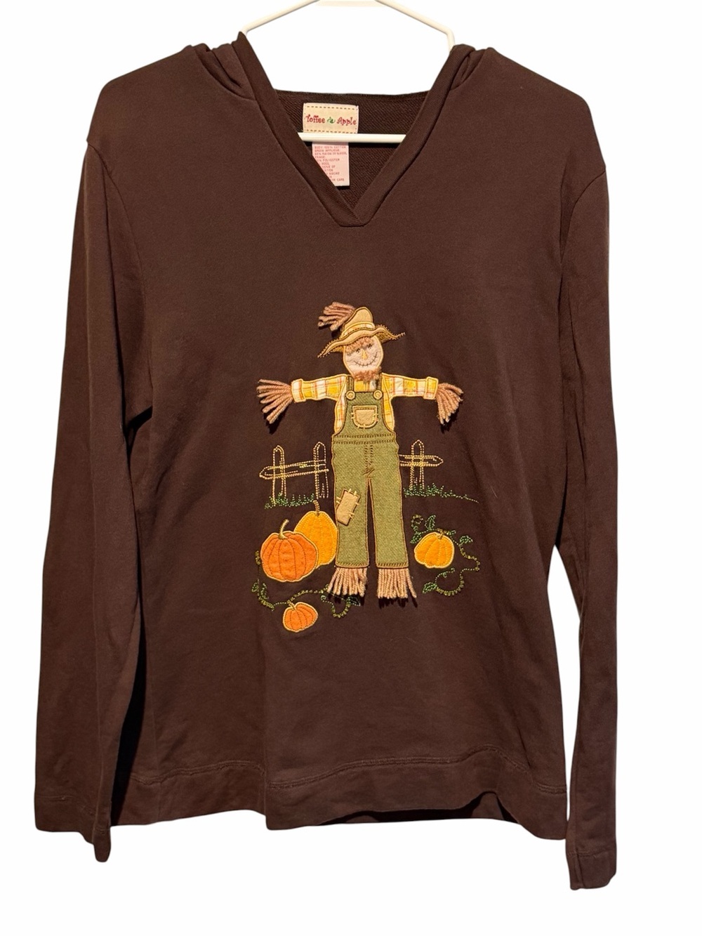 VTG Toffee Apple Brown Scarecrow Pumpkin Fall Autumn Embroidered Hoodie Medium